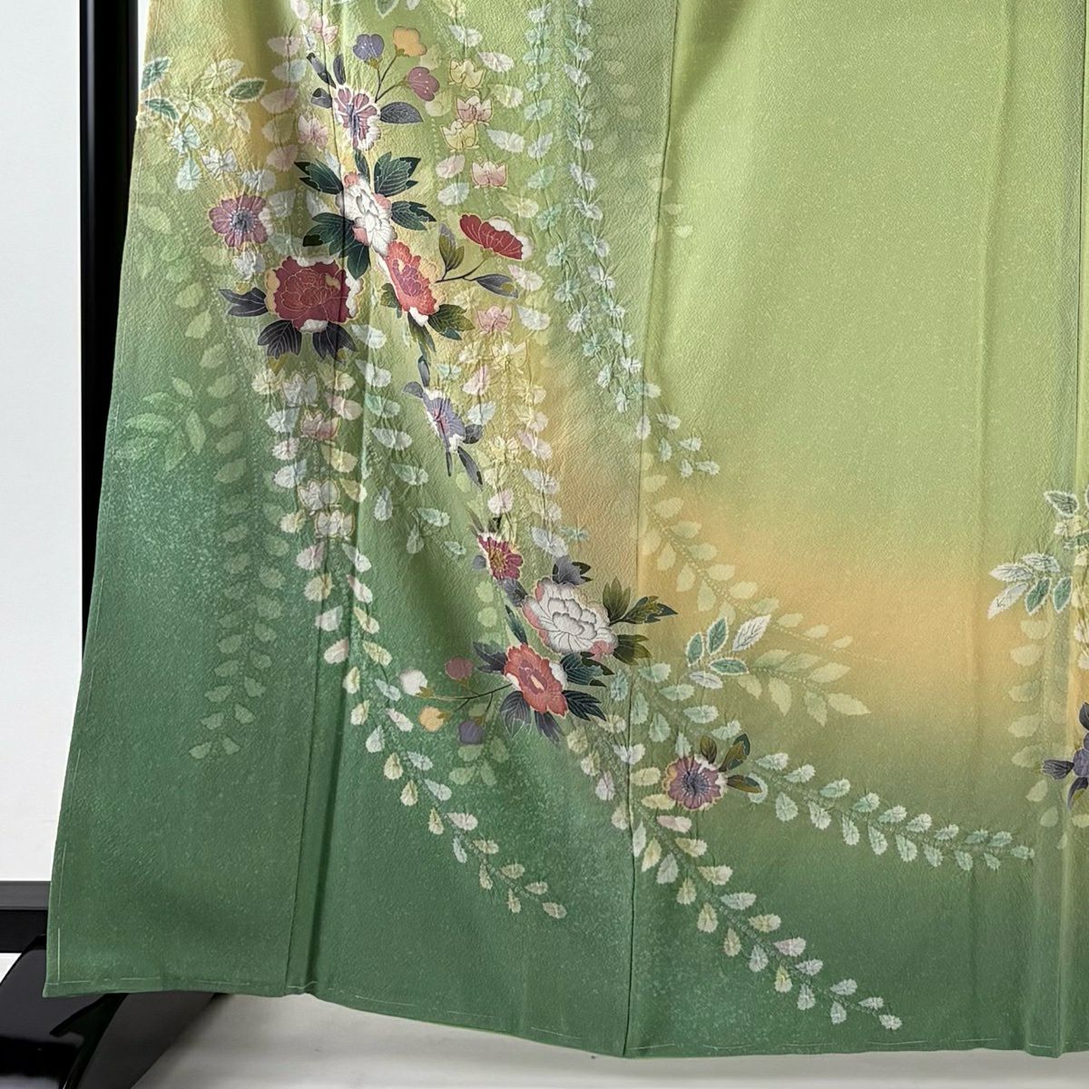 【美品】訪問服 身長164cm 袖長64cm M 雙層 牡丹 藤 絞染 漸層 淺綠 純蠶絲 名品級
