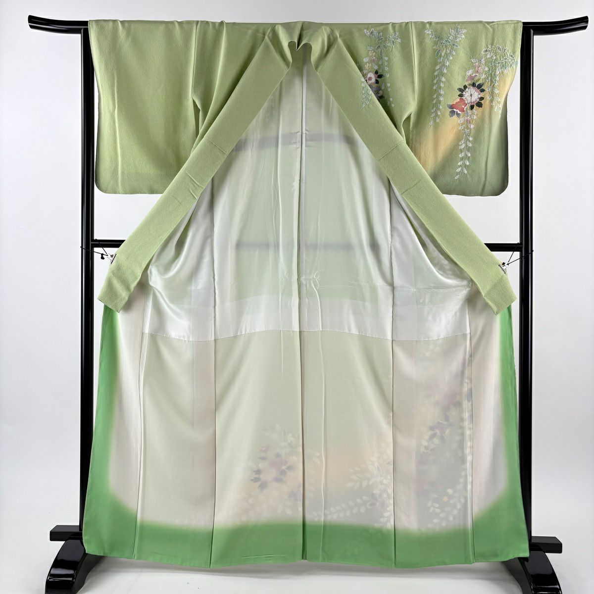 【美品】訪問服 身長164cm 袖長64cm M 雙層 牡丹 藤 絞染 漸層 淺綠 純蠶絲 名品級