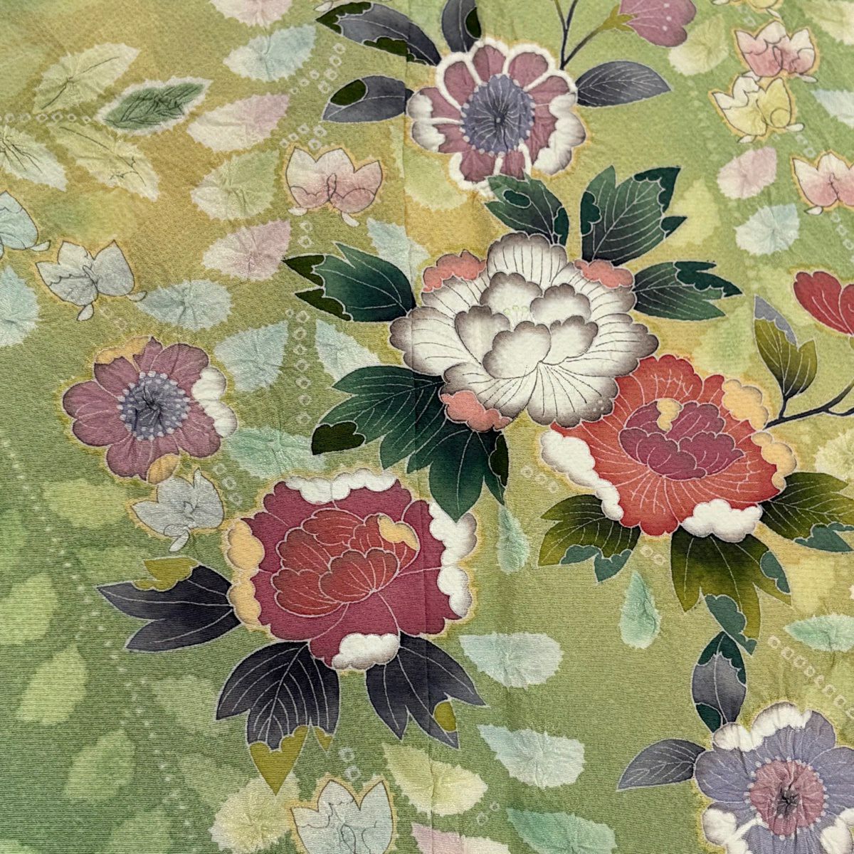 【美品】訪問服 身長164cm 袖長64cm M 雙層 牡丹 藤 絞染 漸層 淺綠 純蠶絲 名品級