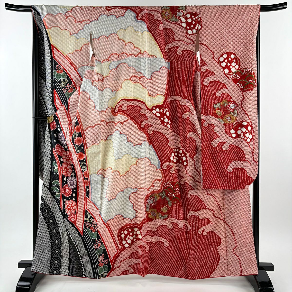 【美品】振袖禮服 身長164.5cm 袖長68cm L 雙層 草花紋紋 松樹 金銀彩 絞染 茜 純蠶絲 名品級