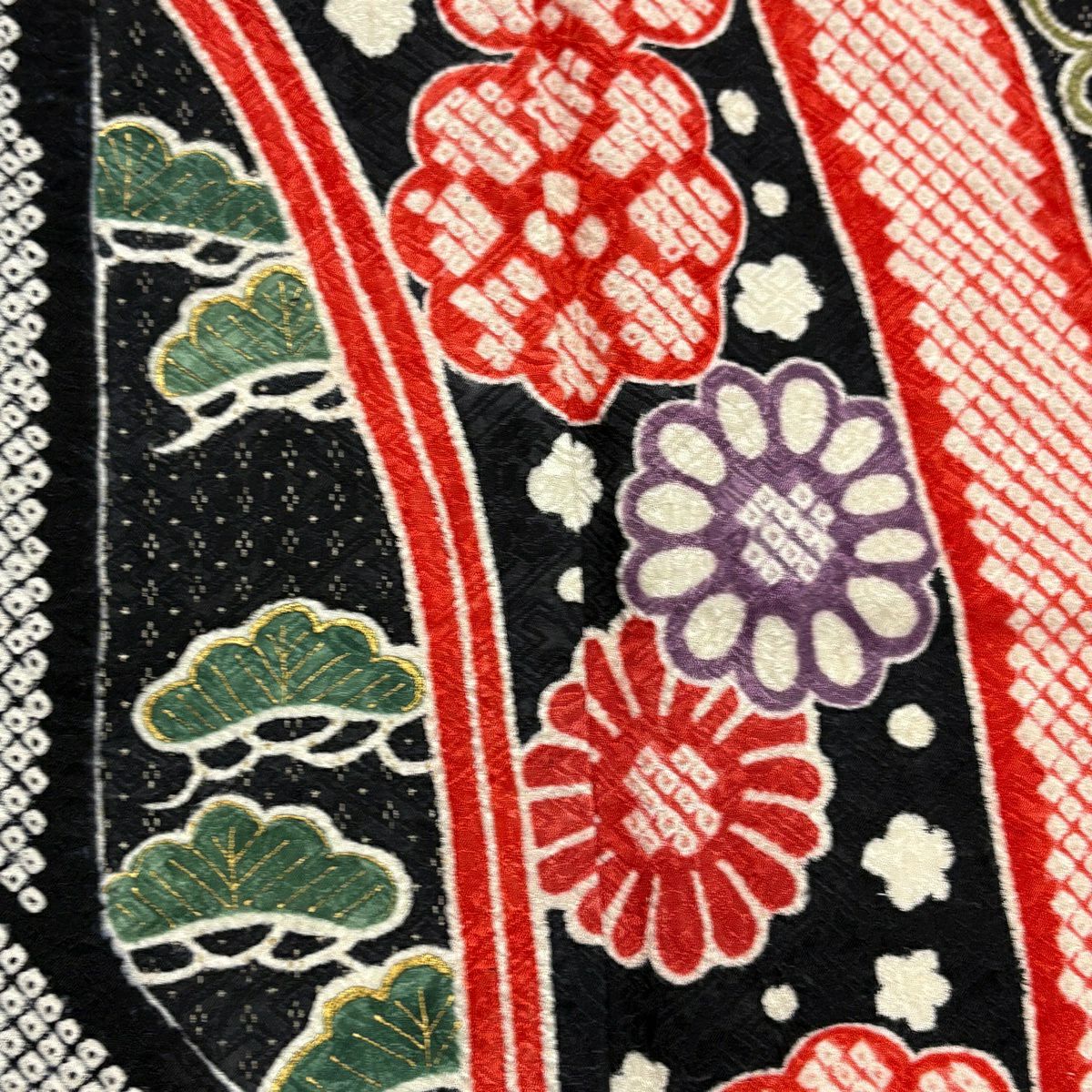 【美品】振袖禮服 身長164.5cm 袖長68cm L 雙層 草花紋紋 松樹 金銀彩 絞染 茜 純蠶絲 名品級