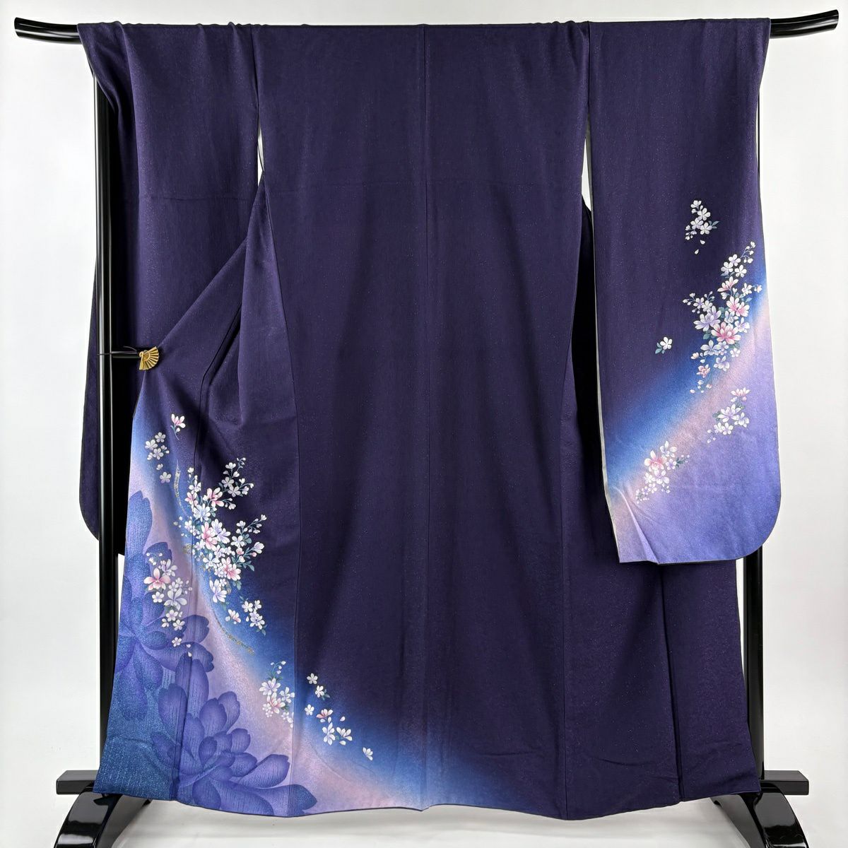 振袖禮服 身長162cm 袖長70.5cm L 雙層 大和 草花紋紋 蝴蝶結 銀通 金銀彩 紫 純蠶絲 名品級