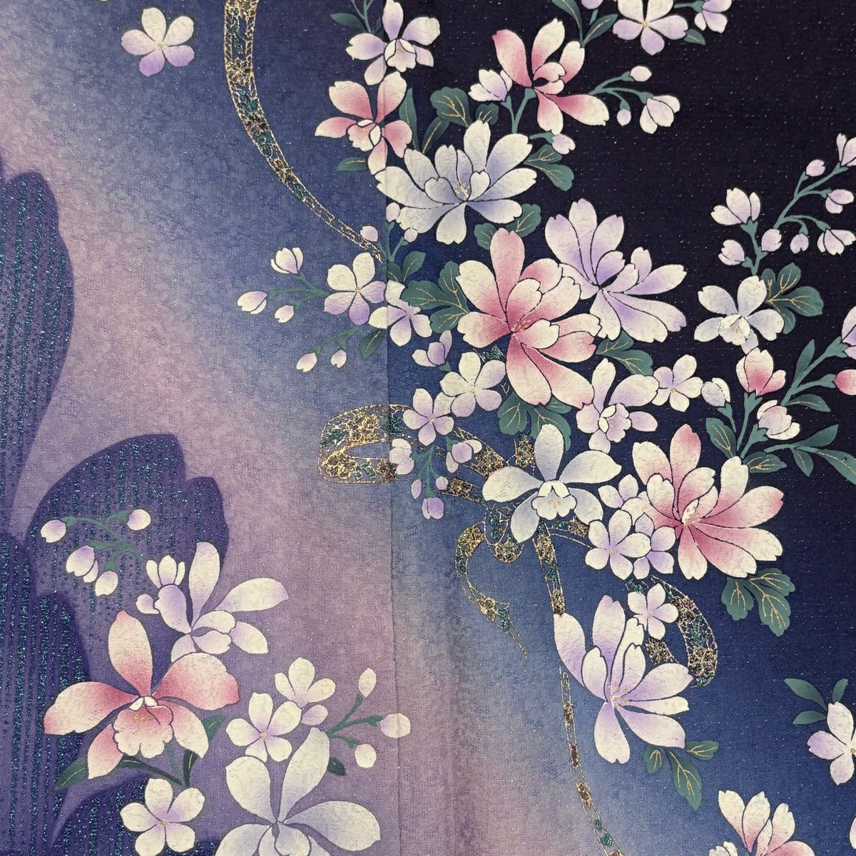 振袖禮服 身長162cm 袖長70.5cm L 雙層 大和 草花紋紋 蝴蝶結 銀通 金銀彩 紫 純蠶絲 名品級