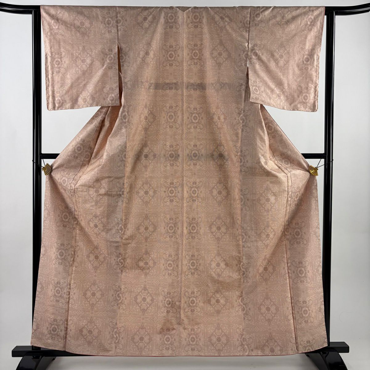 【美品】 大島紬織 身長161.5cm 袖長62cm S 雙層 都喜ヱ門 草花紋紋 粉米色 純蠶絲 名品級