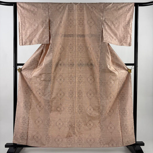 【美品】 大島紬織 身長161.5cm 袖長62cm S 雙層 都喜ヱ門 草花紋紋 粉米色 純蠶絲 名品級