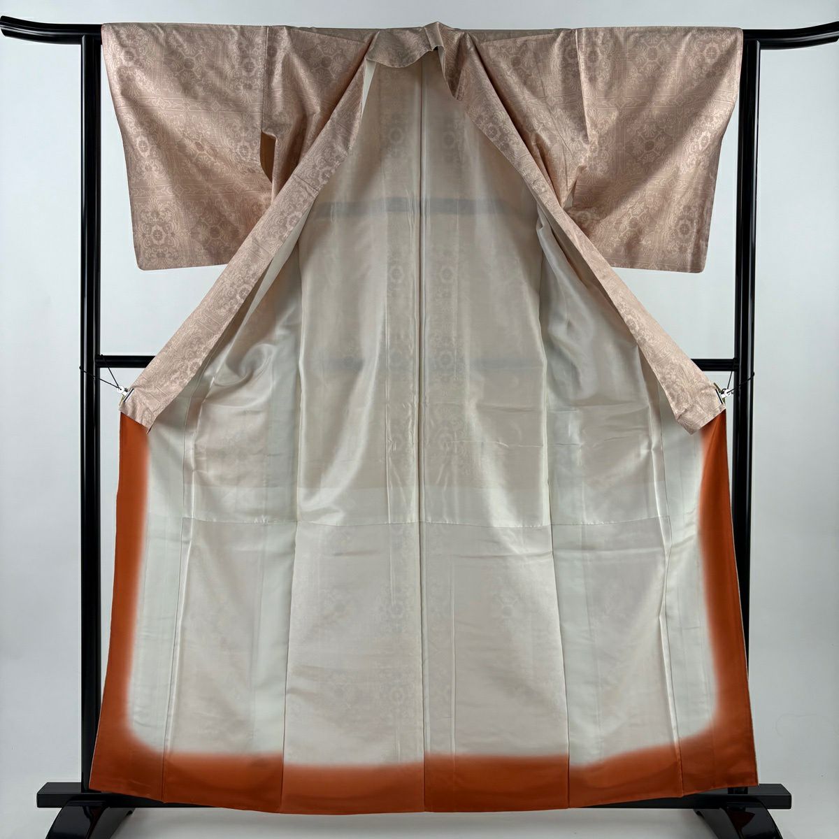 【美品】 大島紬織 身長161.5cm 袖長62cm S 雙層 都喜ヱ門 草花紋紋 粉米色 純蠶絲 名品級