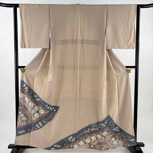 色留袖禮服 身長158.5cm 袖長61.5cm S 雙層 滝泰 落款あり 辻花染 粉米色 純蠶絲 名品級 一つ紋