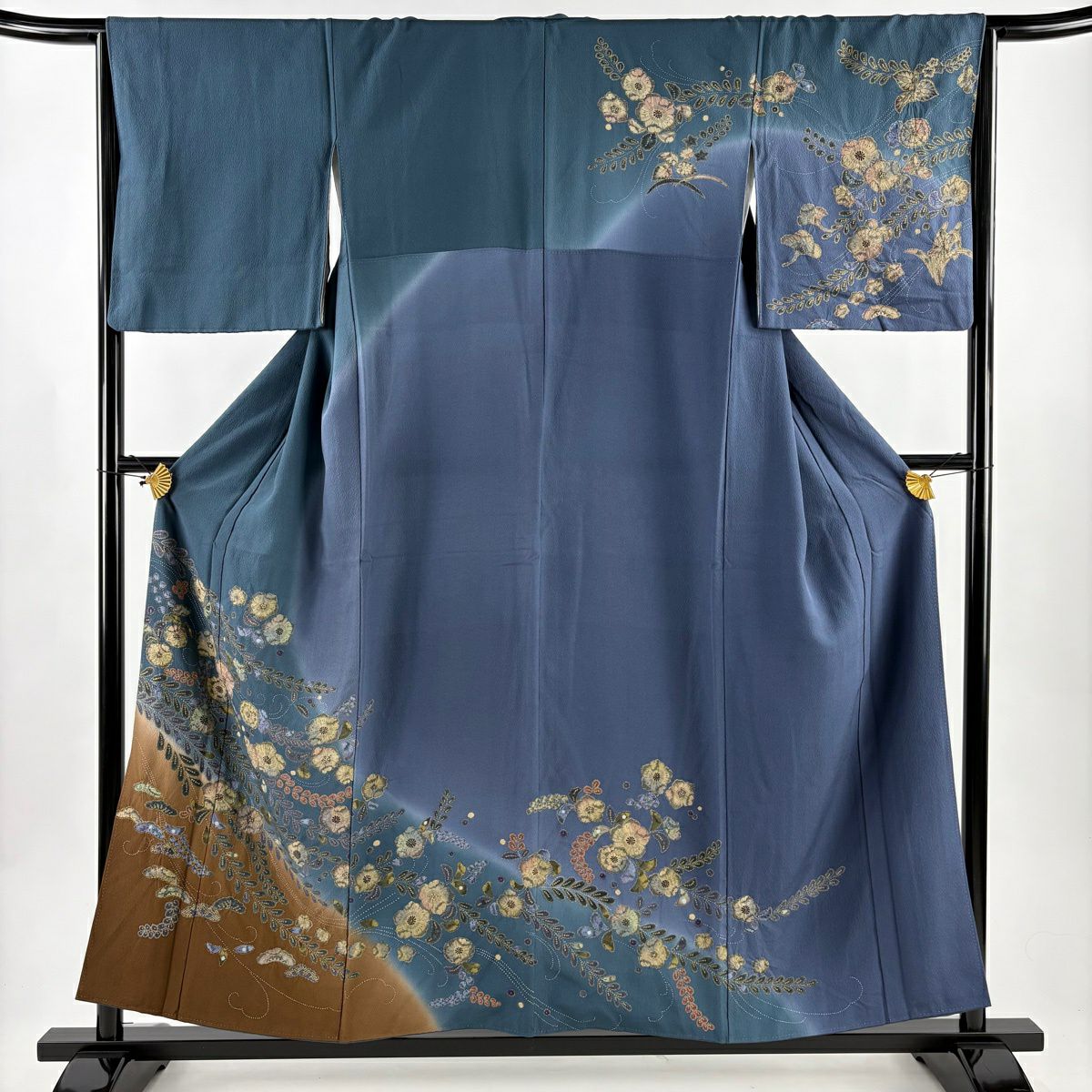 訪問服 身長155cm 袖長64cm M 雙層 辻花染 染分 ぼかし 深綠 純蠶絲 名品級