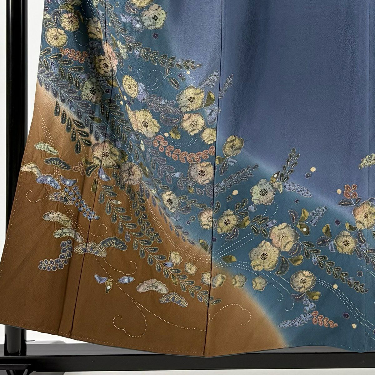 訪問服 身長155cm 袖長64cm M 雙層 辻花染 染分 ぼかし 深綠 純蠶絲 名品級