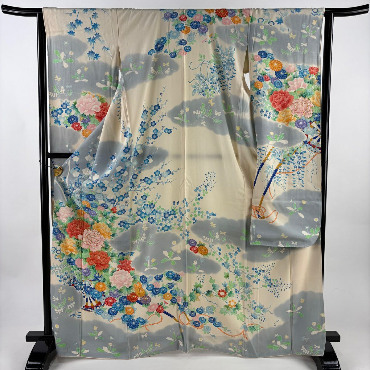 振袖禮服 身長168cm 袖長62.5cm S 雙層 牡丹 枝梅花 金糸 染分 Cream 純蠶絲 名品級