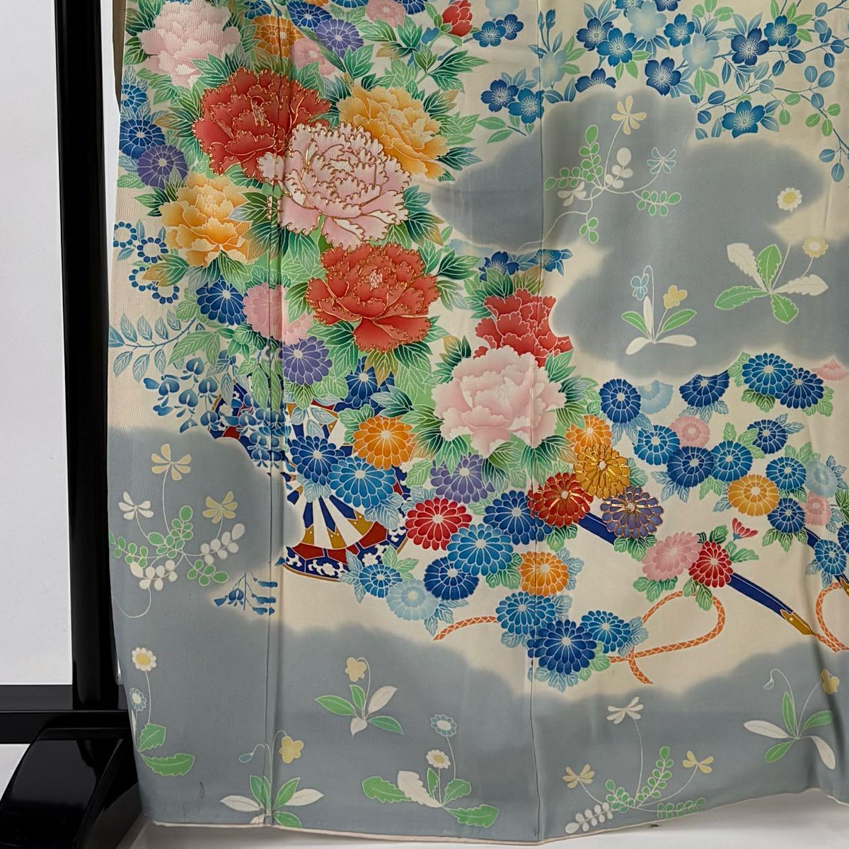振袖禮服 身長168cm 袖長62.5cm S 雙層 牡丹 枝梅花 金糸 染分 Cream 純蠶絲 名品級
