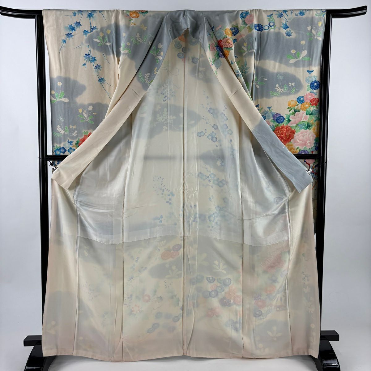 振袖禮服 身長168cm 袖長62.5cm S 雙層 牡丹 枝梅花 金糸 染分 Cream 純蠶絲 名品級