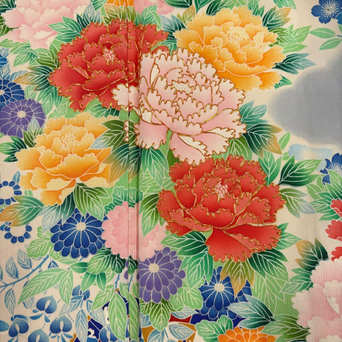 振袖禮服 身長168cm 袖長62.5cm S 雙層 牡丹 枝梅花 金糸 染分 Cream 純蠶絲 名品級