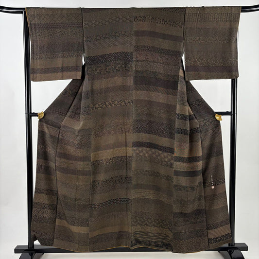 【美品】 江戶小紋 身長157.5cm 袖長65.5cm M 雙層 落款あり 花唐草紋 菊花 墨 黑 純蠶絲 名品級