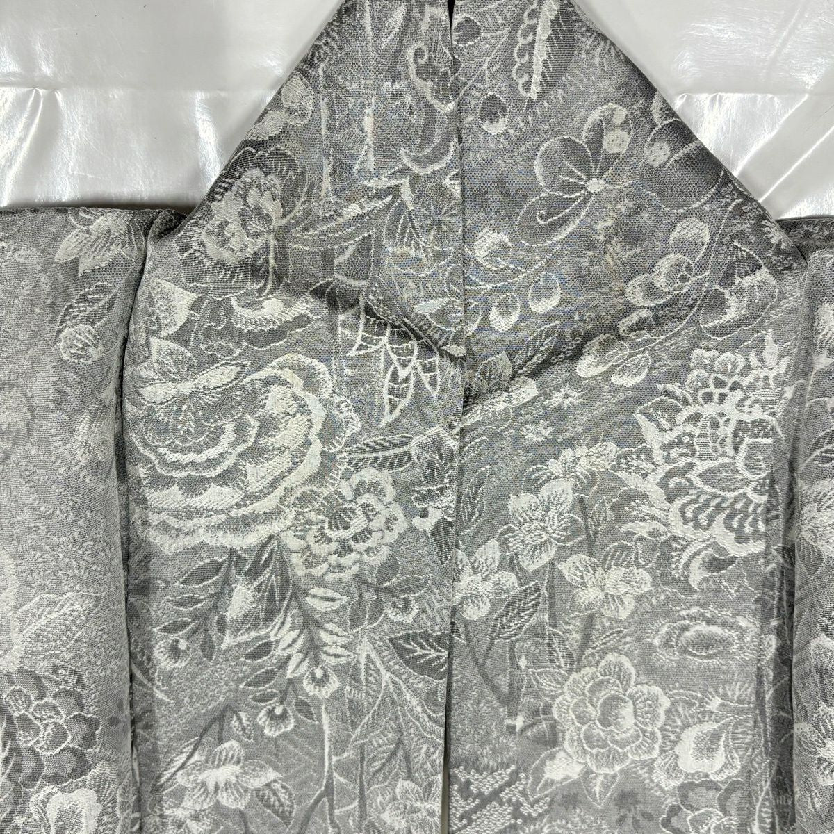 小紋 身長156cm 袖長63.5cm S 雙層 草花紋紋 意匠 灰白 純蠶絲 名品級