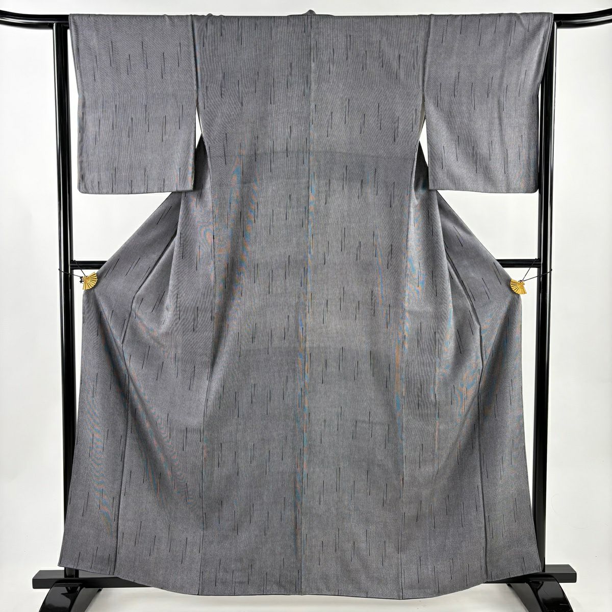 【美品】 江戶小紋 身長161cm 袖長63.5cm S 雙層 落款あり 縱條 幾何圖案 黑灰 純蠶絲 名品級