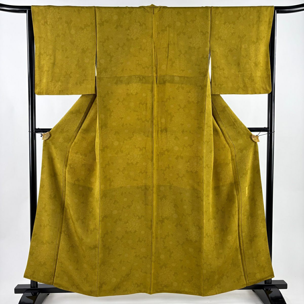 【美品】 江戶小紋 身長159cm 袖長65cm M 雙層 人間國寶 中村勇二郎 落款 菊花花 青海波 芥末色 純蠶絲 名品級