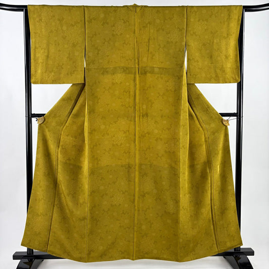 【美品】 江戶小紋 身長159cm 袖長65cm M 雙層 人間國寶 中村勇二郎 落款 菊花花 青海波 芥末色 純蠶絲 名品級