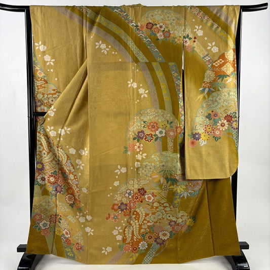 振袖禮服 身長166cm 袖長66.5cm M 雙層 雪輪 菊花 金通刺繡 黃土 純蠶絲 名品級