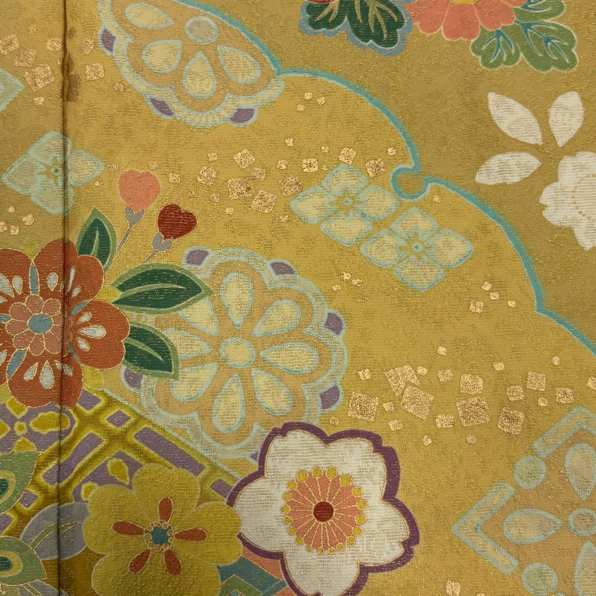 振袖禮服 身長166cm 袖長66.5cm M 雙層 雪輪 菊花 金通刺繡 黃土 純蠶絲 名品級