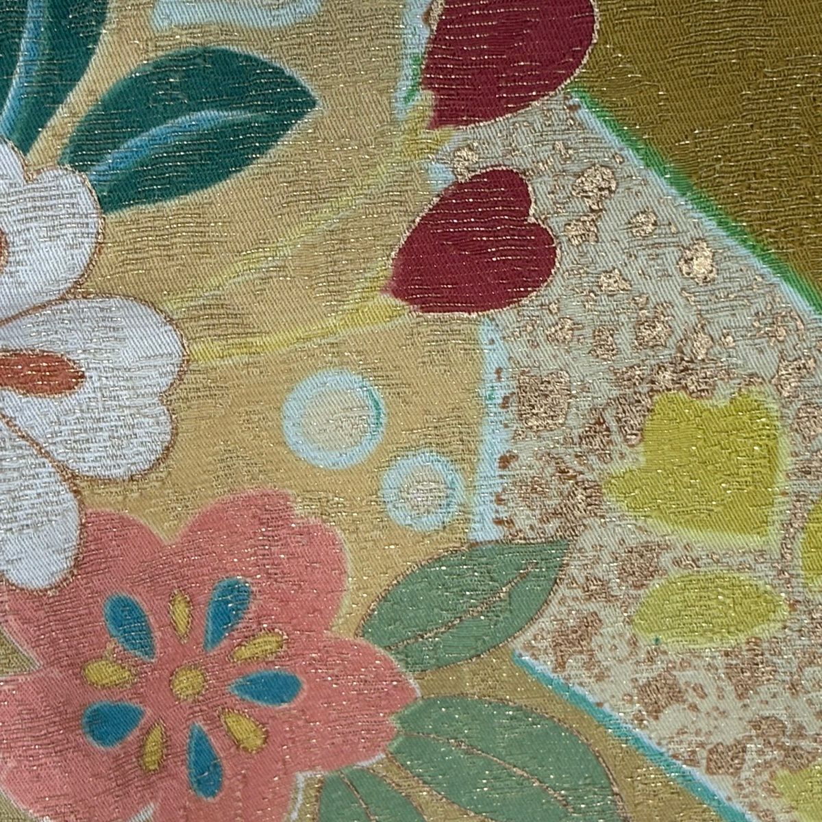 振袖禮服 身長166cm 袖長66.5cm M 雙層 雪輪 菊花 金通刺繡 黃土 純蠶絲 名品級