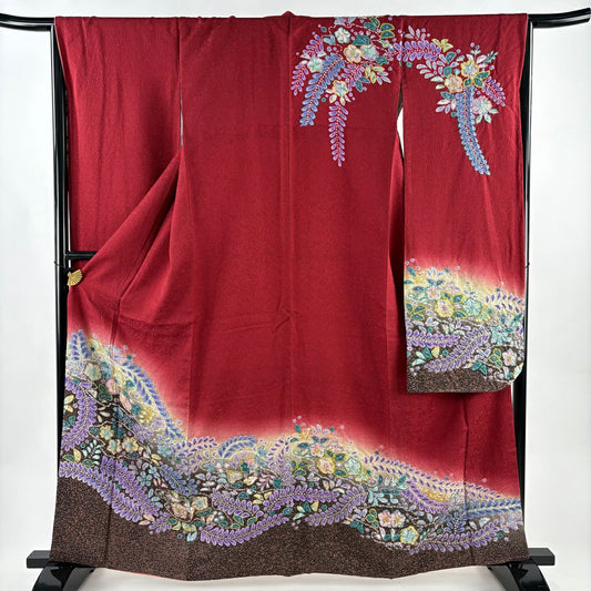 【美品】振袖禮服 身長162.5cm 袖長66cm M 雙層 辻花染 金通し 漸層 紅 純蠶絲 名品級