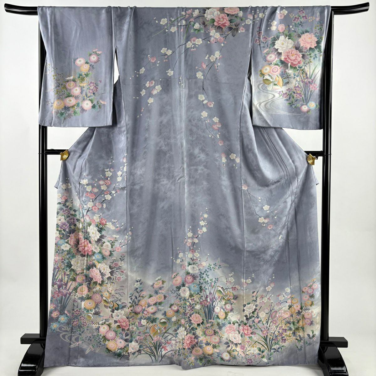 訪問服 身長169.5cm 袖長69cm L 雙層 草花紋紋 鴛鴦 金銀彩 漸層 灰紫 純蠶絲 名品級