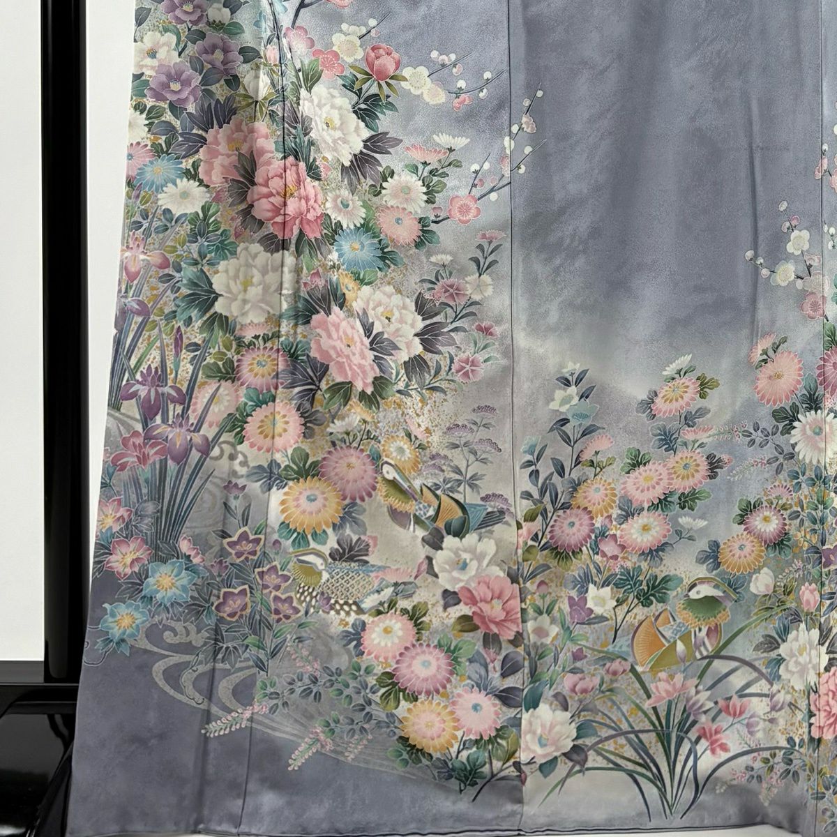 訪問服 身長169.5cm 袖長69cm L 雙層 草花紋紋 鴛鴦 金銀彩 漸層 灰紫 純蠶絲 名品級