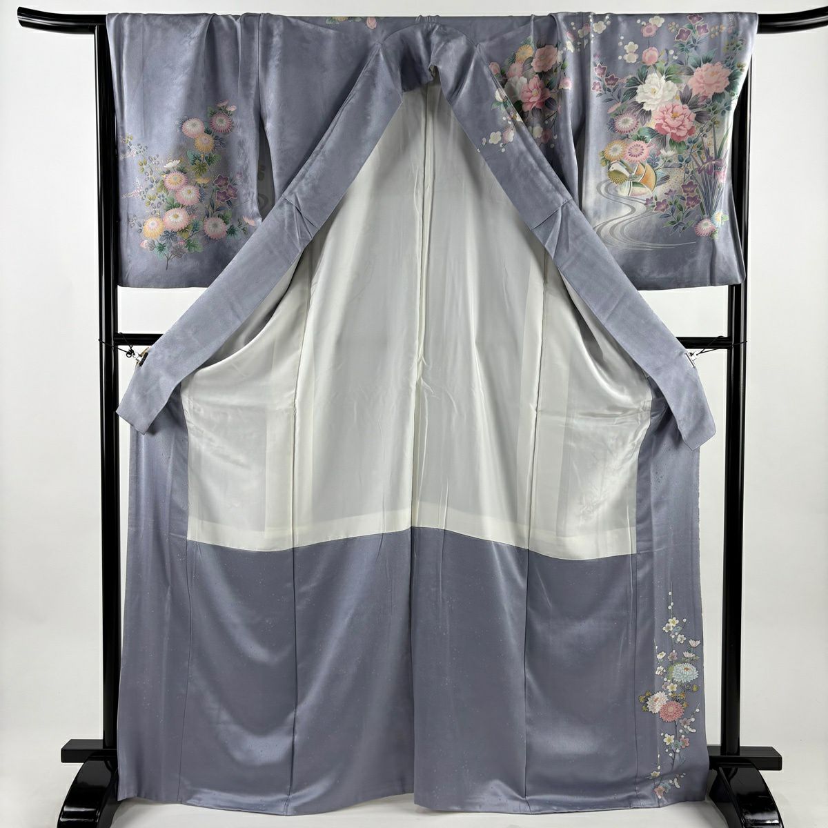 訪問服 身長169.5cm 袖長69cm L 雙層 草花紋紋 鴛鴦 金銀彩 漸層 灰紫 純蠶絲 名品級