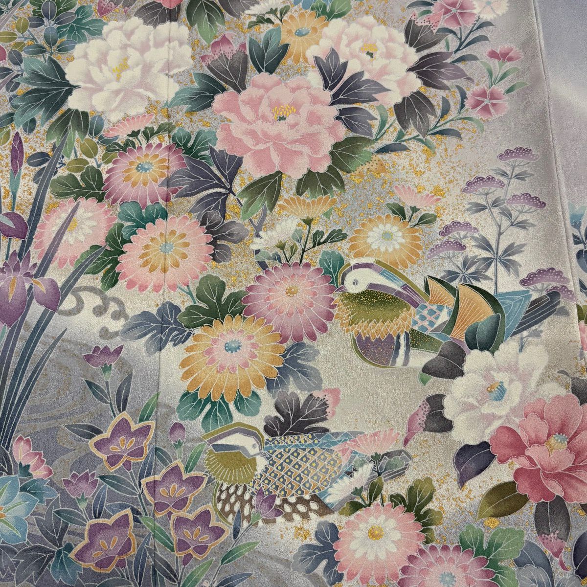 訪問服 身長169.5cm 袖長69cm L 雙層 草花紋紋 鴛鴦 金銀彩 漸層 灰紫 純蠶絲 名品級
