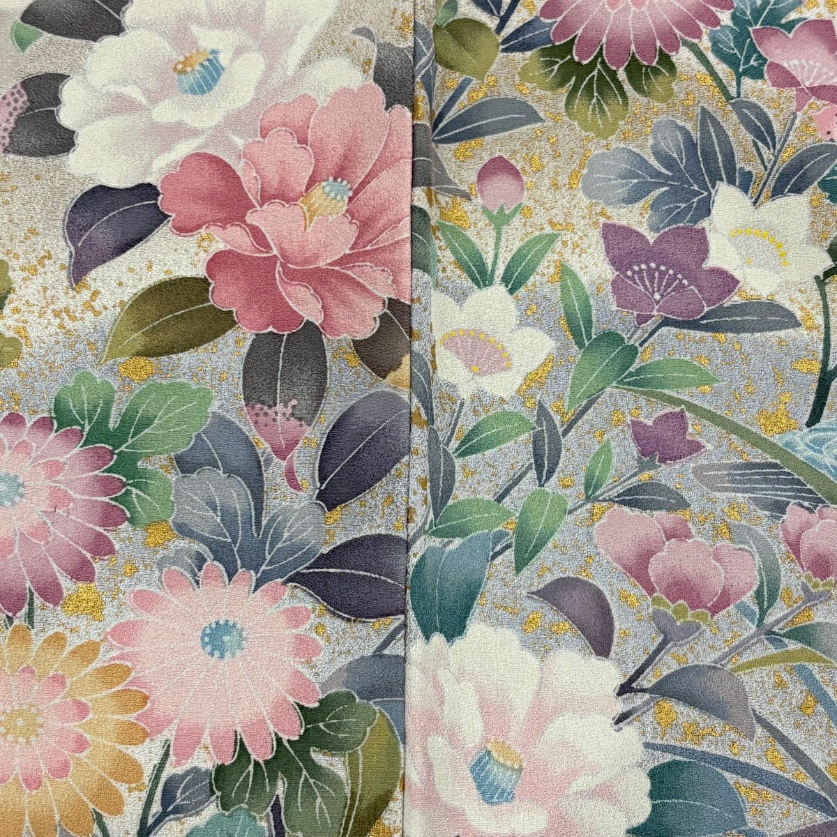 訪問服 身長169.5cm 袖長69cm L 雙層 草花紋紋 鴛鴦 金銀彩 漸層 灰紫 純蠶絲 名品級