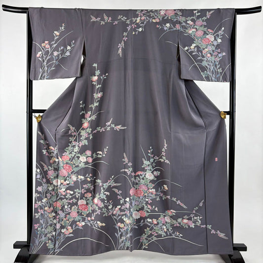 訪問服 身長161.5cm 袖長65.5cm M 雙層 落款 菊花 灰紫 純蠶絲 名品級