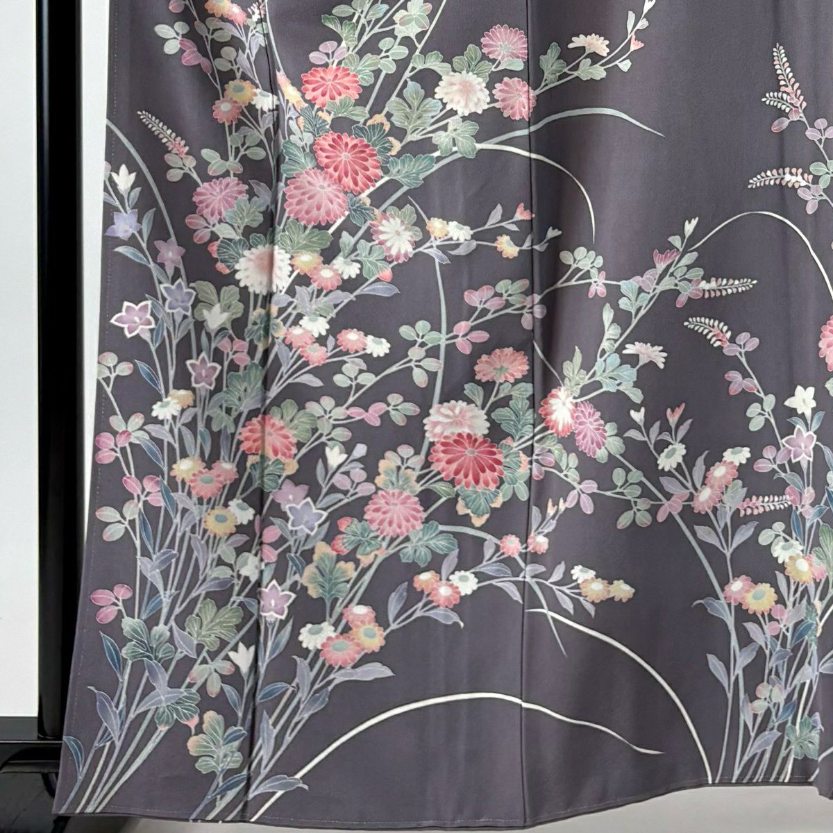 訪問服 身長161.5cm 袖長65.5cm M 雙層 落款 菊花 灰紫 純蠶絲 名品級