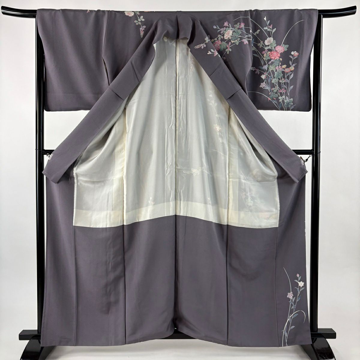 訪問服 身長161.5cm 袖長65.5cm M 雙層 落款 菊花 灰紫 純蠶絲 名品級