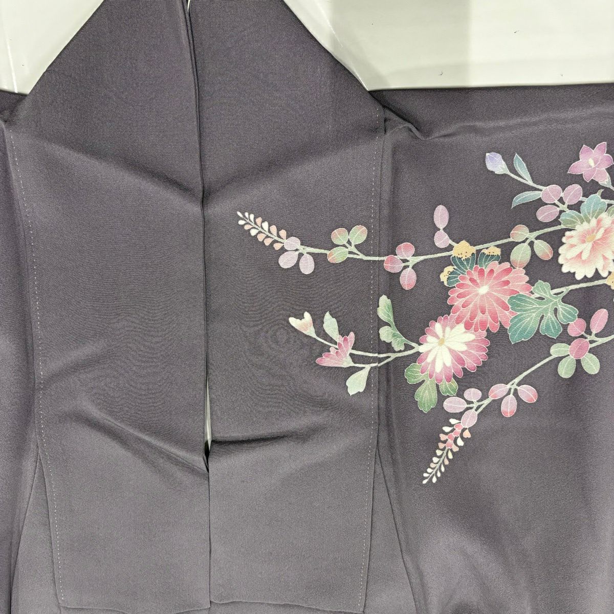訪問服 身長161.5cm 袖長65.5cm M 雙層 落款 菊花 灰紫 純蠶絲 名品級