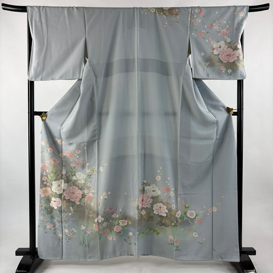 訪問服 身長162.5cm 袖長68.5cm L 雙層 牡丹 枝梅花 金銀彩 漸層 水藍 純蠶絲 名品級