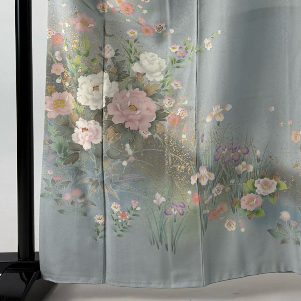 訪問服 身長162.5cm 袖長68.5cm L 雙層 牡丹 枝梅花 金銀彩 漸層 水藍 純蠶絲 名品級