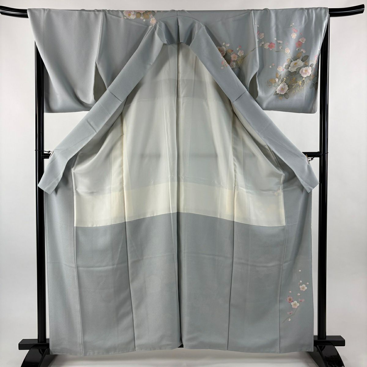 訪問服 身長162.5cm 袖長68.5cm L 雙層 牡丹 枝梅花 金銀彩 漸層 水藍 純蠶絲 名品級