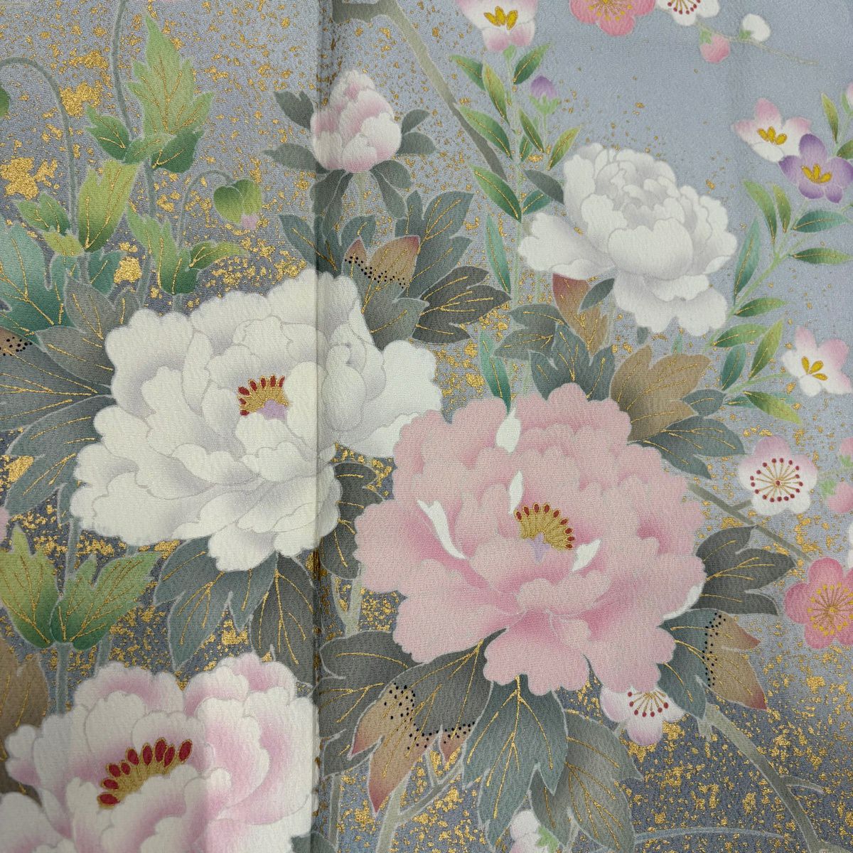 訪問服 身長162.5cm 袖長68.5cm L 雙層 牡丹 枝梅花 金銀彩 漸層 水藍 純蠶絲 名品級