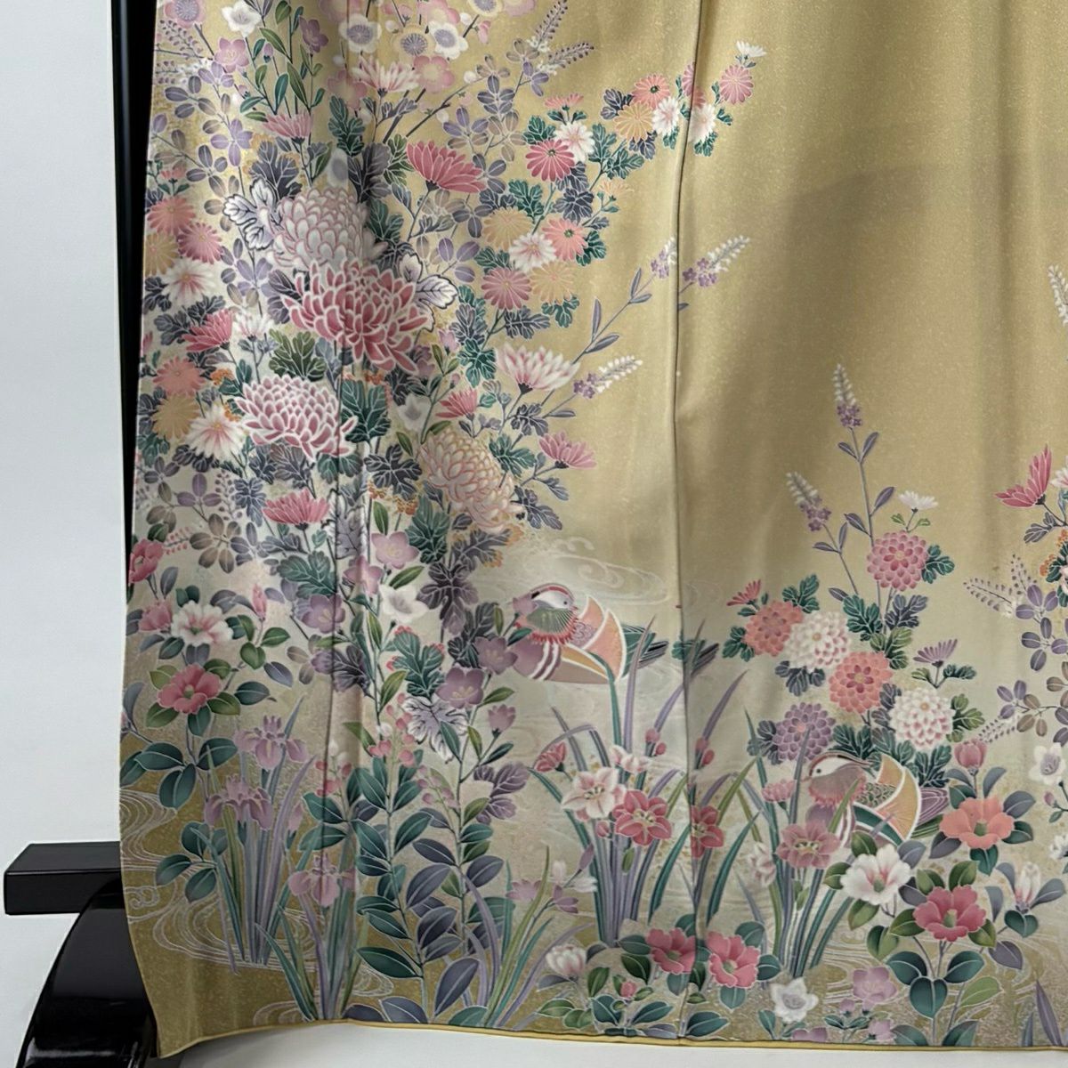 訪問服 身長171.5cm 袖長66.5cm M 雙層 菊花 鴛鴦 金銀彩 漸層 米色 純蠶絲 名品級