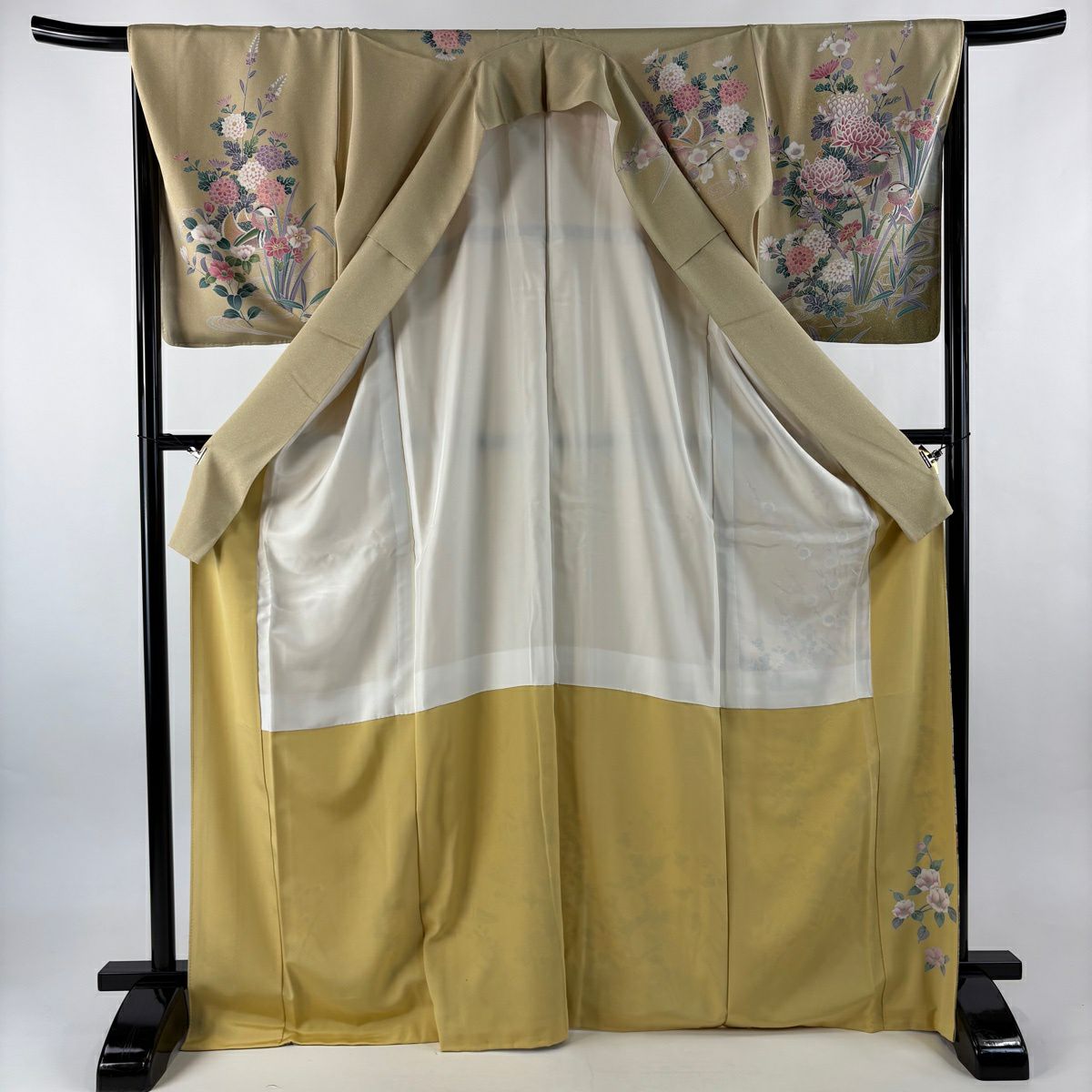 訪問服 身長171.5cm 袖長66.5cm M 雙層 菊花 鴛鴦 金銀彩 漸層 米色 純蠶絲 名品級