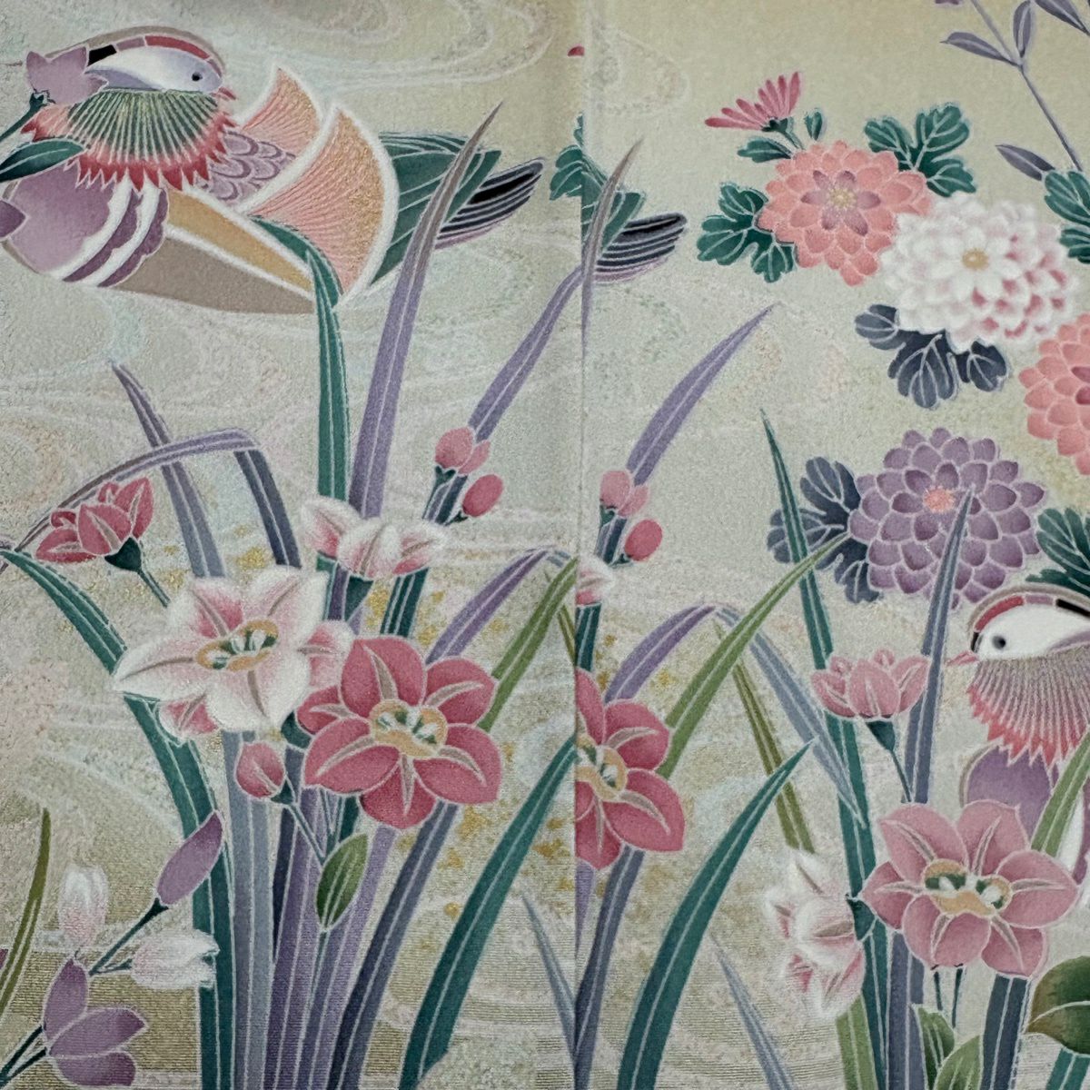 訪問服 身長171.5cm 袖長66.5cm M 雙層 菊花 鴛鴦 金銀彩 漸層 米色 純蠶絲 名品級