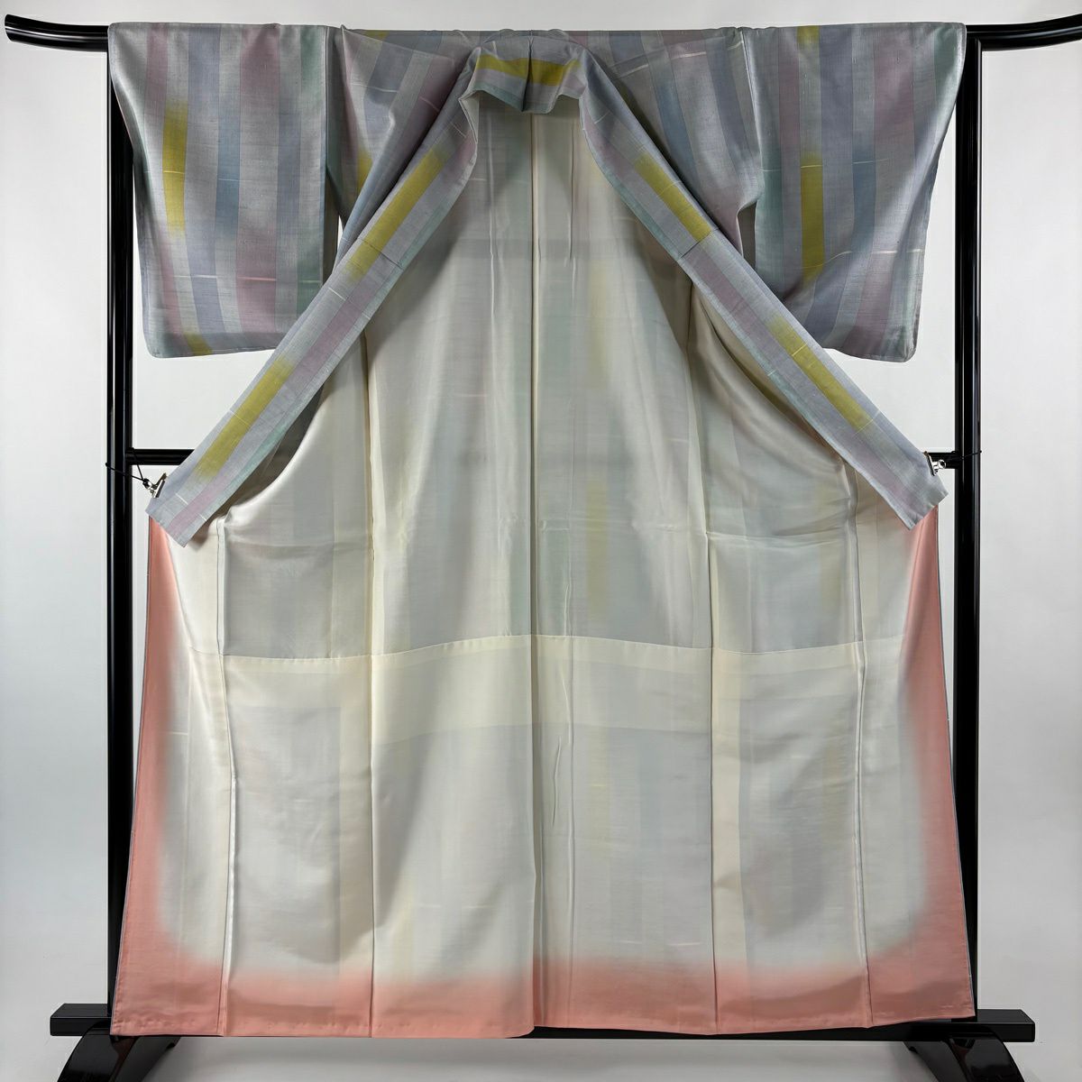 【美品】 紬織 身長161.5cm 袖長65cm M 雙層 縞紋 漸層圖案 青灰 純蠶絲 名品級