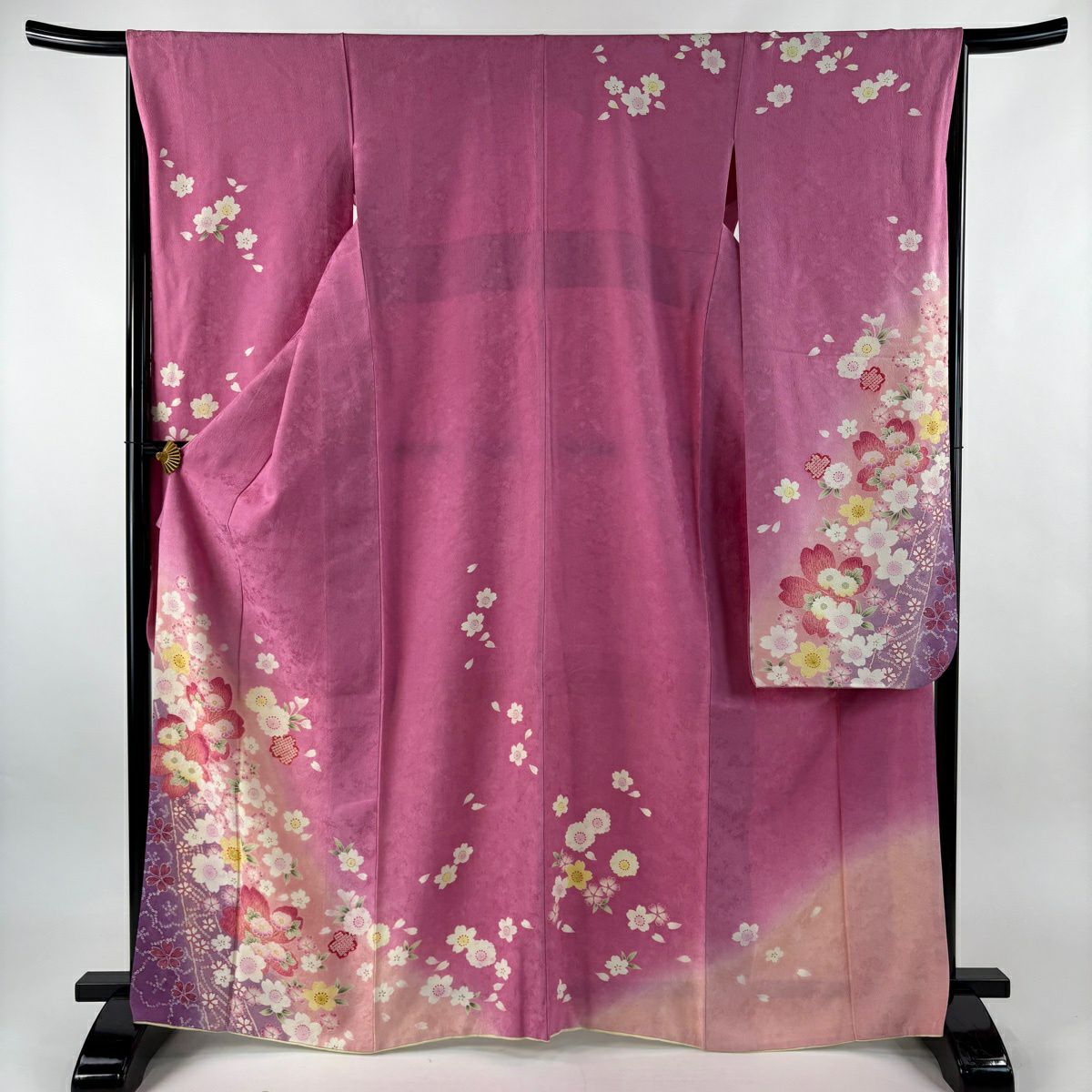 【美品】振袖禮服 身長165.5cm 袖長66.5cm M 雙層 櫻花 菊花花 金銀彩 漸層 粉紅 純蠶絲 名品級