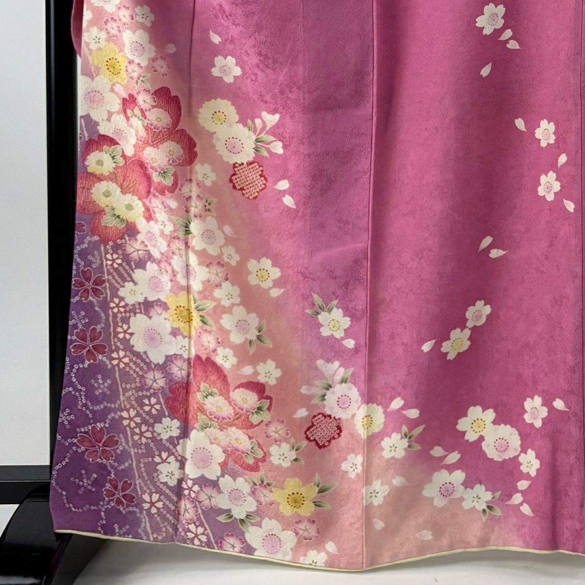 【美品】振袖禮服 身長165.5cm 袖長66.5cm M 雙層 櫻花 菊花花 金銀彩 漸層 粉紅 純蠶絲 名品級