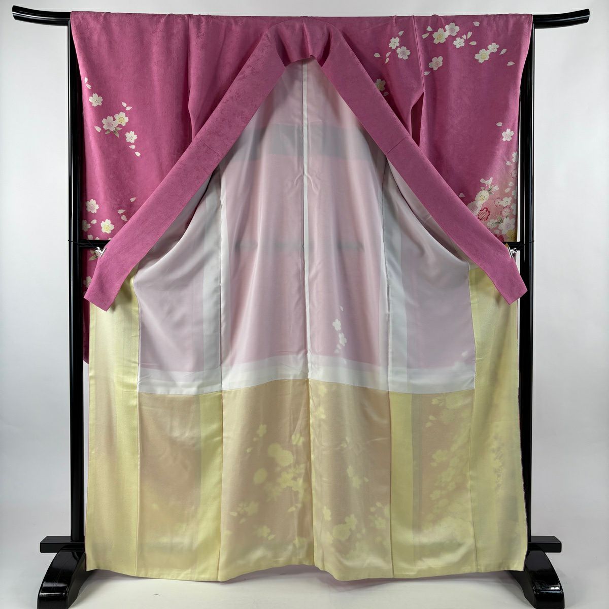 【美品】振袖禮服 身長165.5cm 袖長66.5cm M 雙層 櫻花 菊花花 金銀彩 漸層 粉紅 純蠶絲 名品級