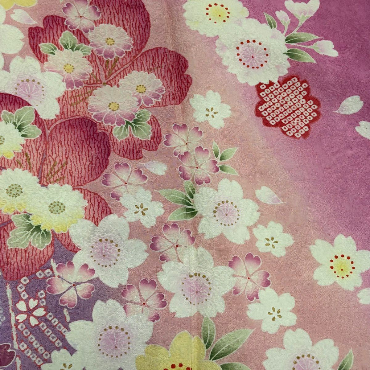 【美品】振袖禮服 身長165.5cm 袖長66.5cm M 雙層 櫻花 菊花花 金銀彩 漸層 粉紅 純蠶絲 名品級