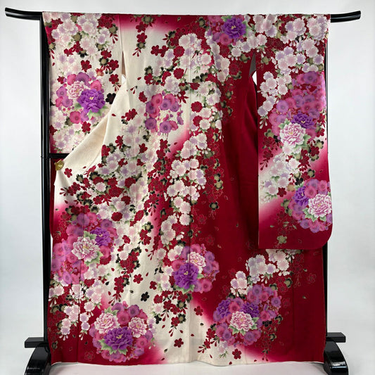 振袖禮服 身長168.5cm 袖長67.5cm L 雙層 牡丹 枝梅花 金金箔 刺繡 奶油色 純蠶絲 名品級
