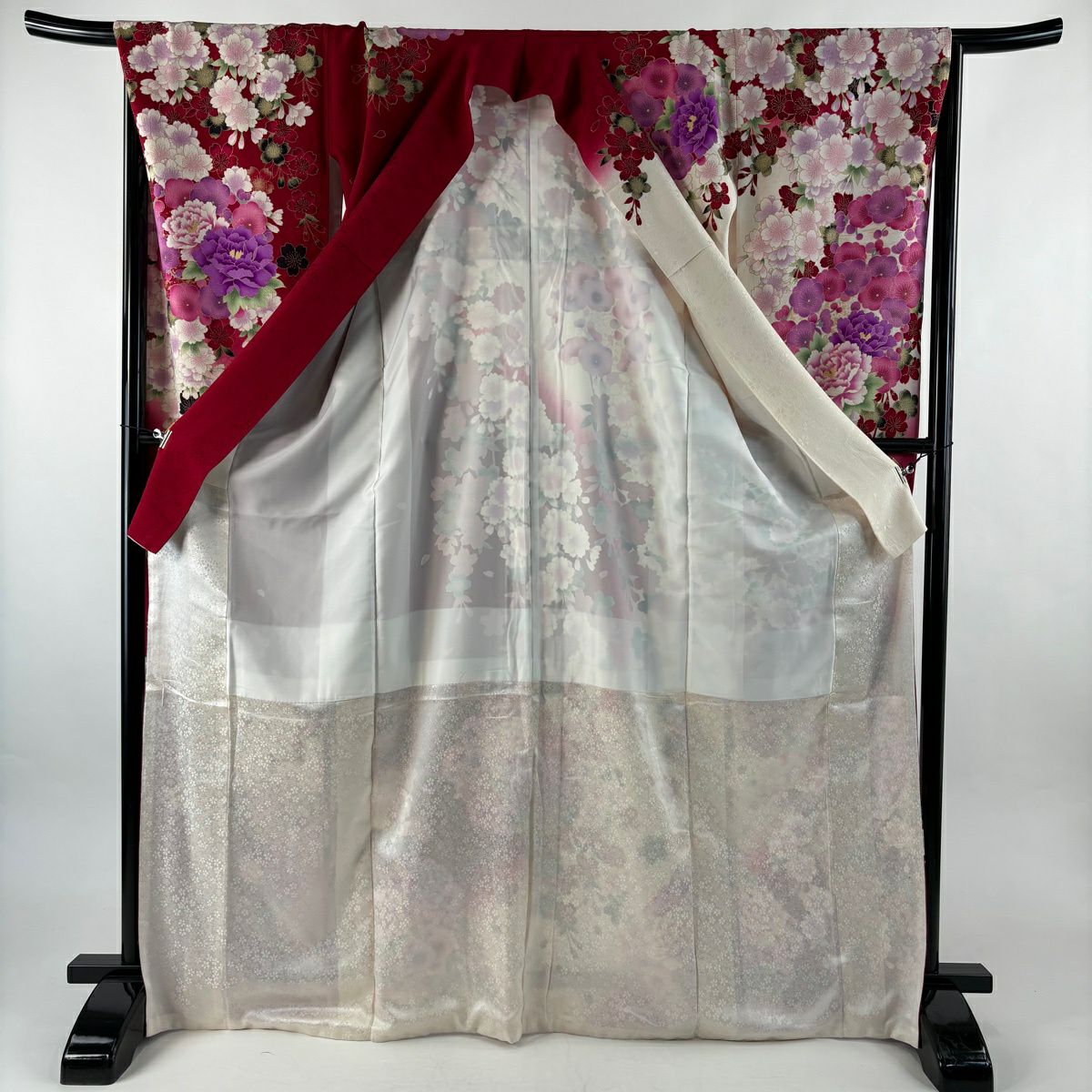 振袖禮服 身長168.5cm 袖長67.5cm L 雙層 牡丹 枝梅花 金金箔 刺繡 奶油色 純蠶絲 名品級
