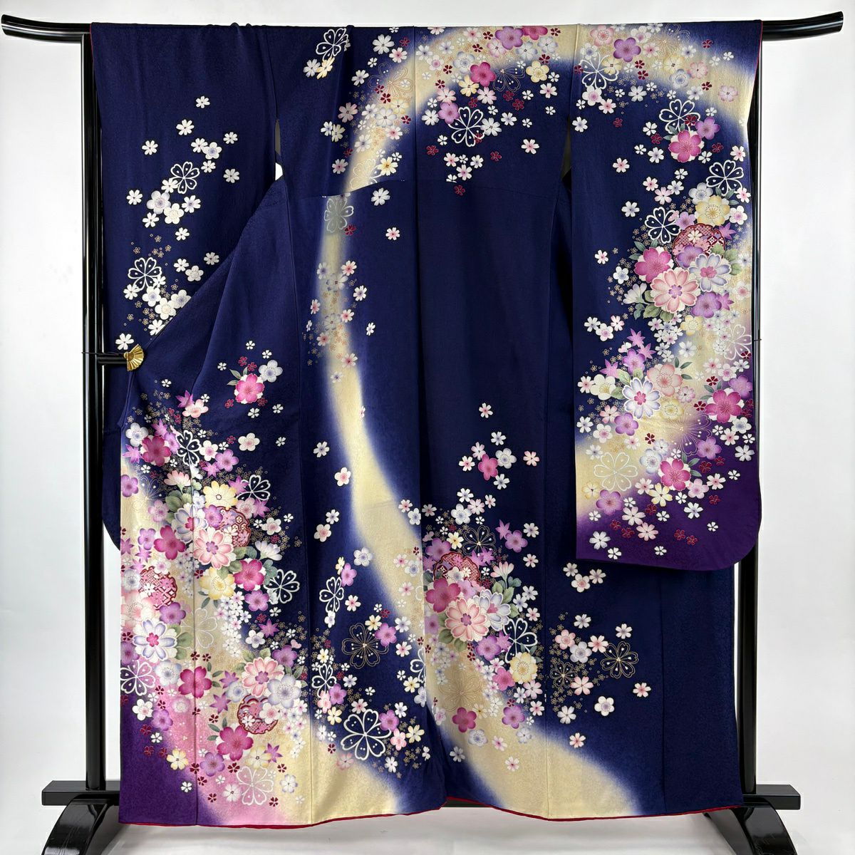 振袖禮服 身長159.5cm 袖長67.5cm L 雙層 草花紋紋 雪輪 金銀彩 漸層 深藍 純蠶絲 名品級